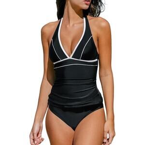NEW Cupshe Black Piping Halter-neck Tankini Top & Mid-Rise Bottoms Set XL